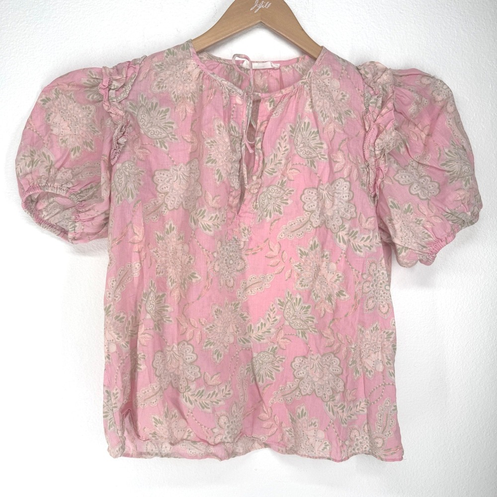 Talulah Pink Paisley Floral Puff Sleeve Linen Cotton Top M Tie Cottagecore Boho